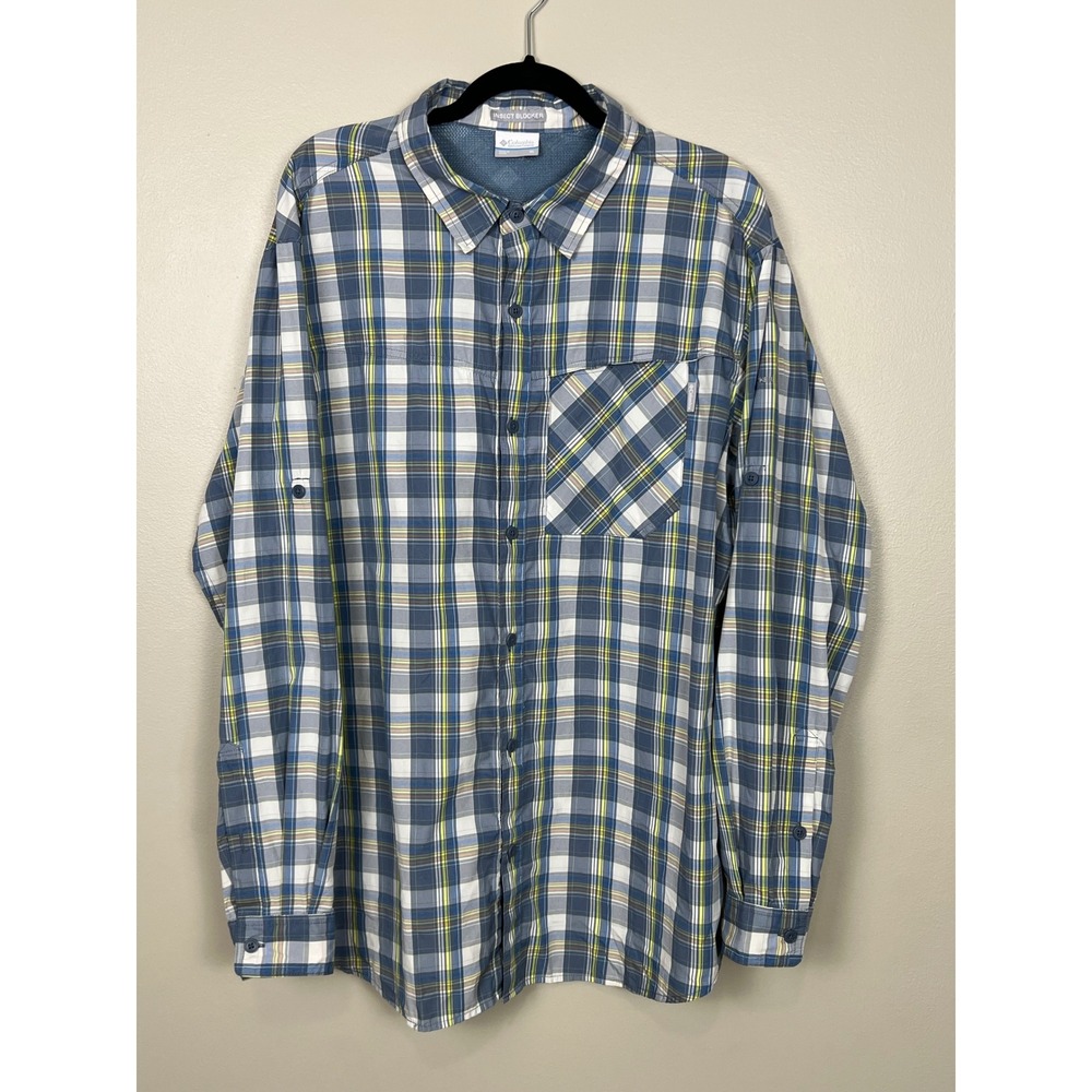 Columbia Insect Blocker Shirt‎ Mens XL Blue Yellow Plaid Roll Tab Long Sleeve
